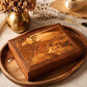 Vintage Wood Marquetry Landscape Box Inlaid Scene 7” x 9,5 “ European
